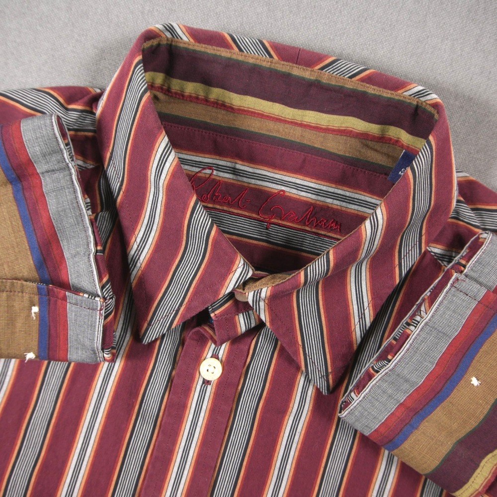 Y2K Robert Graham Striped Long Sleeve Men Shirt L Burgundy Prep Ivy College